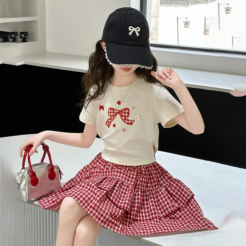 女童夏季套装2025新款儿童洋气短袖格子裙两件套女大童时尚短裙夏