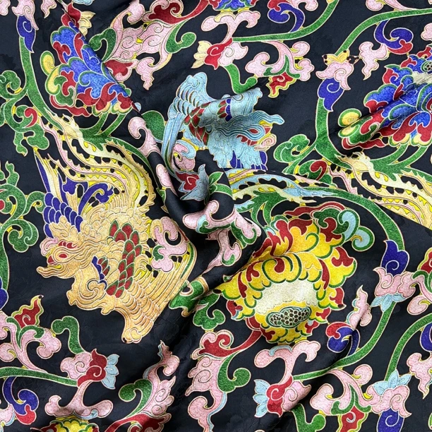 【黑底凤凰花】100植物丝薯莨香云纱服装面料（1.4门幅35姆米）