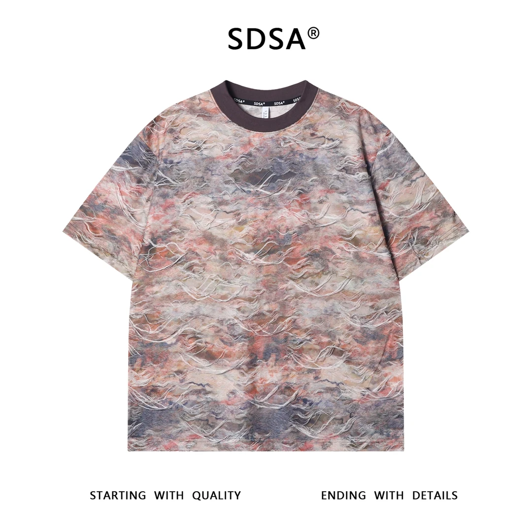 夏季高级感新款男士美式扎染破烂设计圆领短袖T恤高街时尚上衣