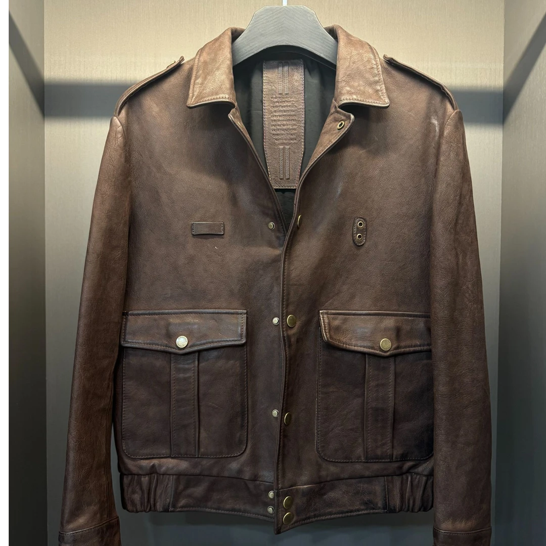 男士真皮复古翻领咖色轻奢潮品时尚百搭外套