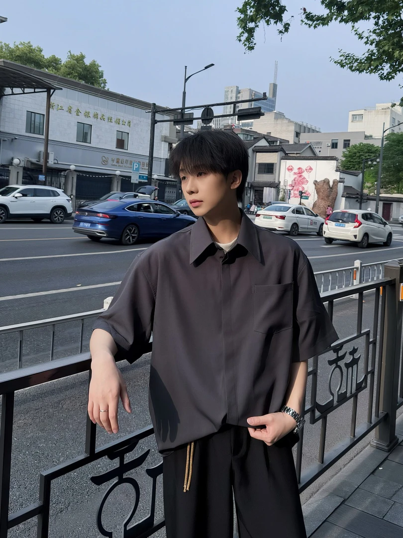 衬衫男士短袖高级设计垂坠感宽松韩系简约高级春夏秋季燕子领衬衫