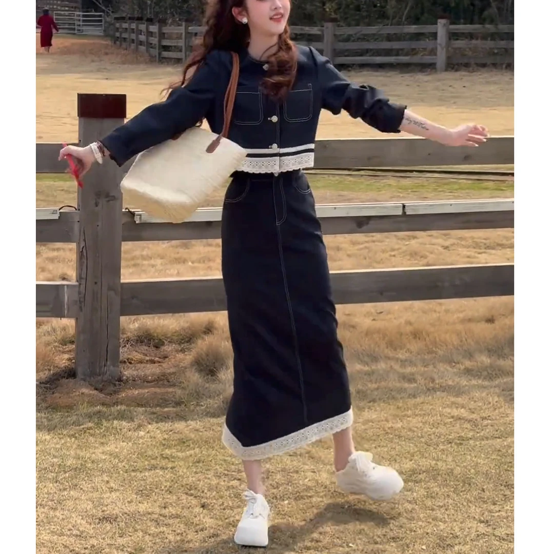 大码女装春季套装女2025新款韩版百搭牛仔外套牛仔裙牛仔裤两件套