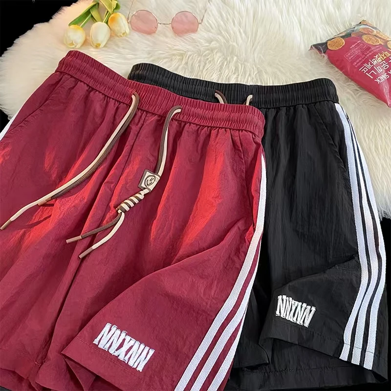 夏季300斤大码三条杠拼接休闲直筒裤男女款慵懒洋气抽绳篮球短裤