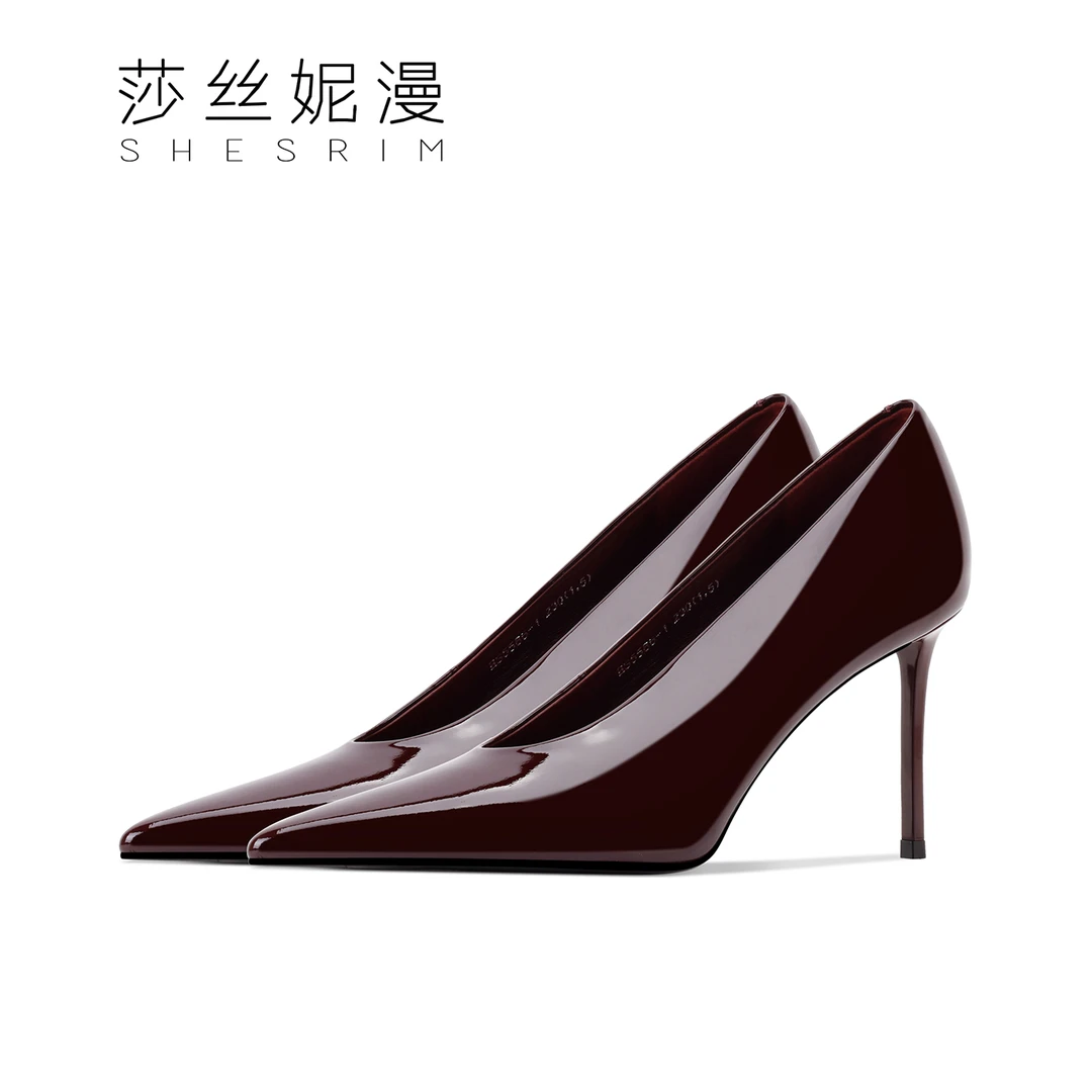 酒红尖头细跟职业高跟鞋女2025秋季新款时尚亮漆皮浅口不累脚单鞋