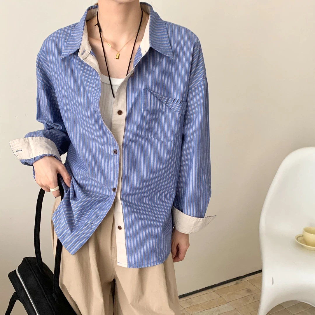 2025早秋新款折角条纹衬衫长袖女简约Polo领宽松百搭气质休闲上衣