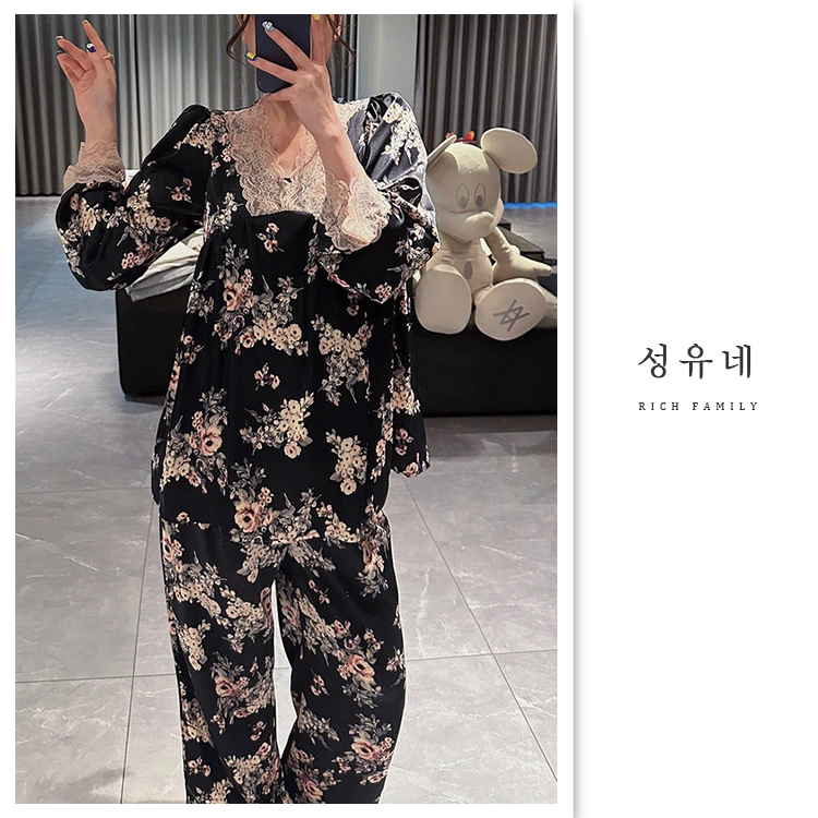 玫瑰之约/高贵奢华/V领长裤/小裕家/韩国ins风睡衣蕾丝家居服