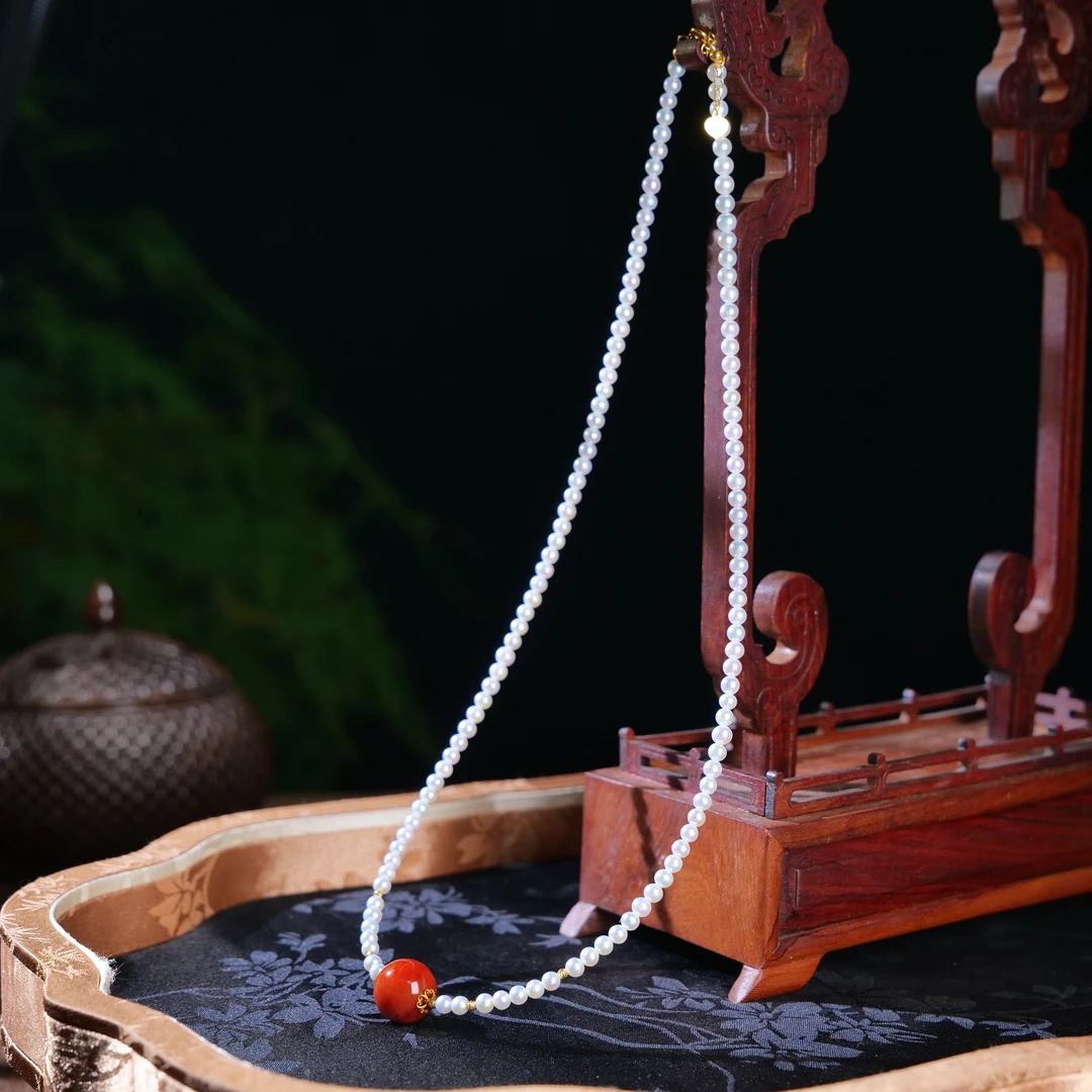 【小雨来了】18k金 3.5mm珍珠配南红项链 锁骨链 多样性发一件