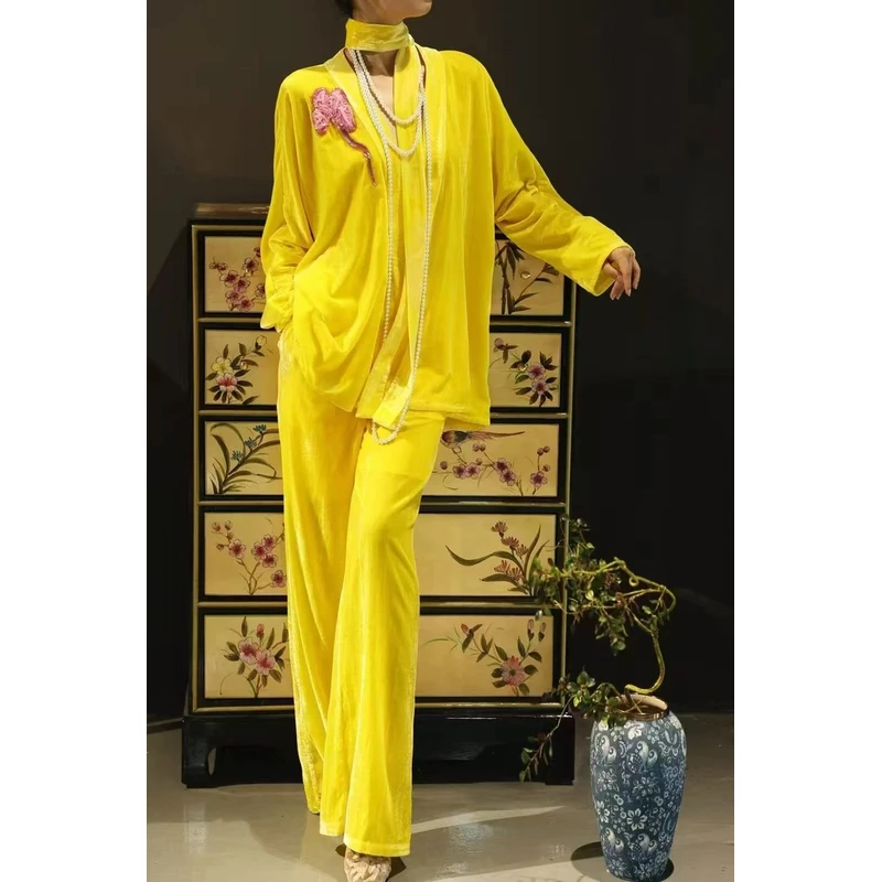 【李小姐Ly】重工丝绒套装黄色秋冬上衣长袖两件套国风女士春秋宽松