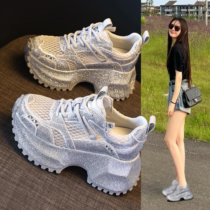 高级感水钻时尚镂空老爹鞋女内增高9cm小个子休闲运动鞋厚底松糕