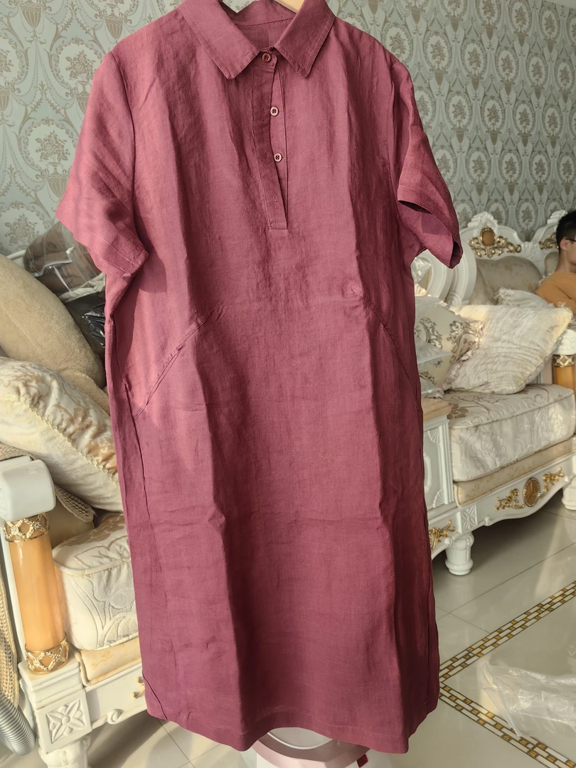 文艺水洗亚麻短袖连衣裙女夏季新款气质百搭显瘦翻领中长A字裙