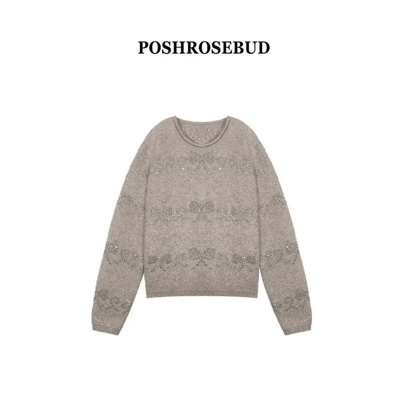 【POSHROSEBUD】圆领透气厚款毛衣针织珠片重工轻奢上衣RF2001
