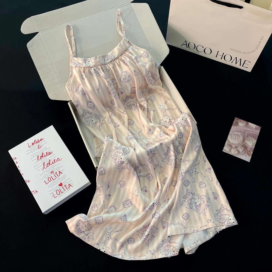 冰丝睡衣女士夏季吊带睡裙凉感大码可外穿2025新款kt猫花园家居服