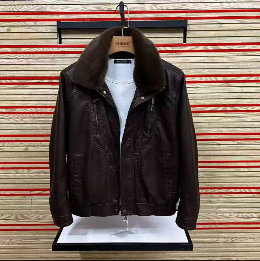 男装翻领皮衣防水冬季保暖收口袖夹克时尚修身加绒秋冬男装潮流