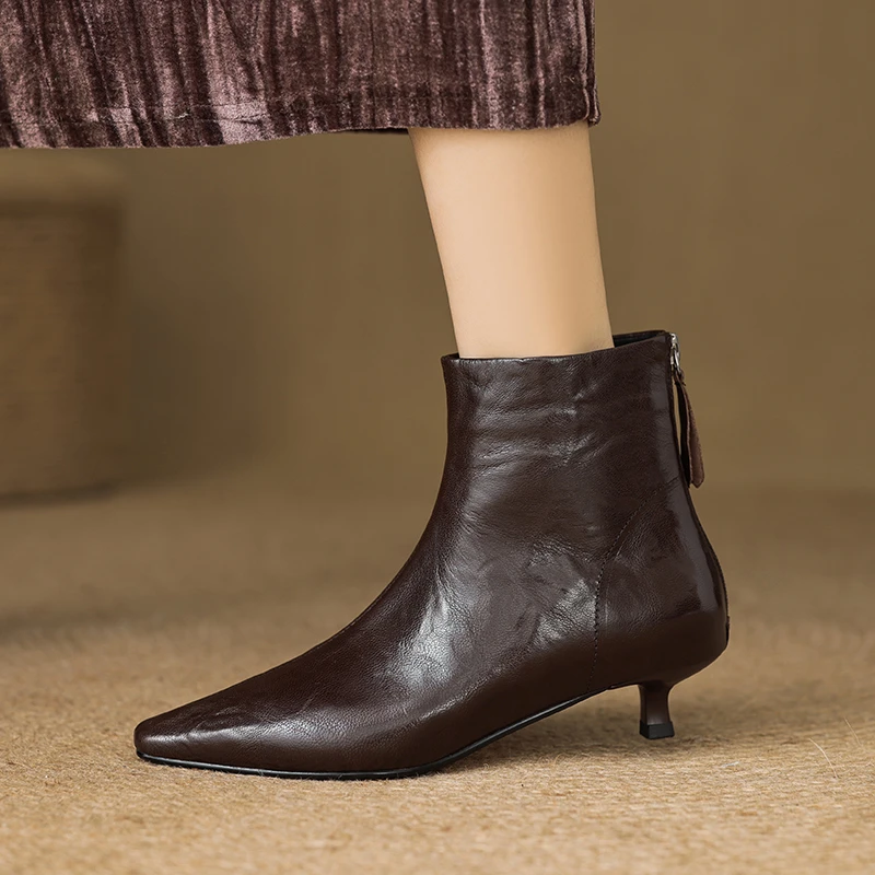 3.5cm羊皮小跟短靴女法式复古风棕色高跟靴子秋冬百搭配大衣女靴