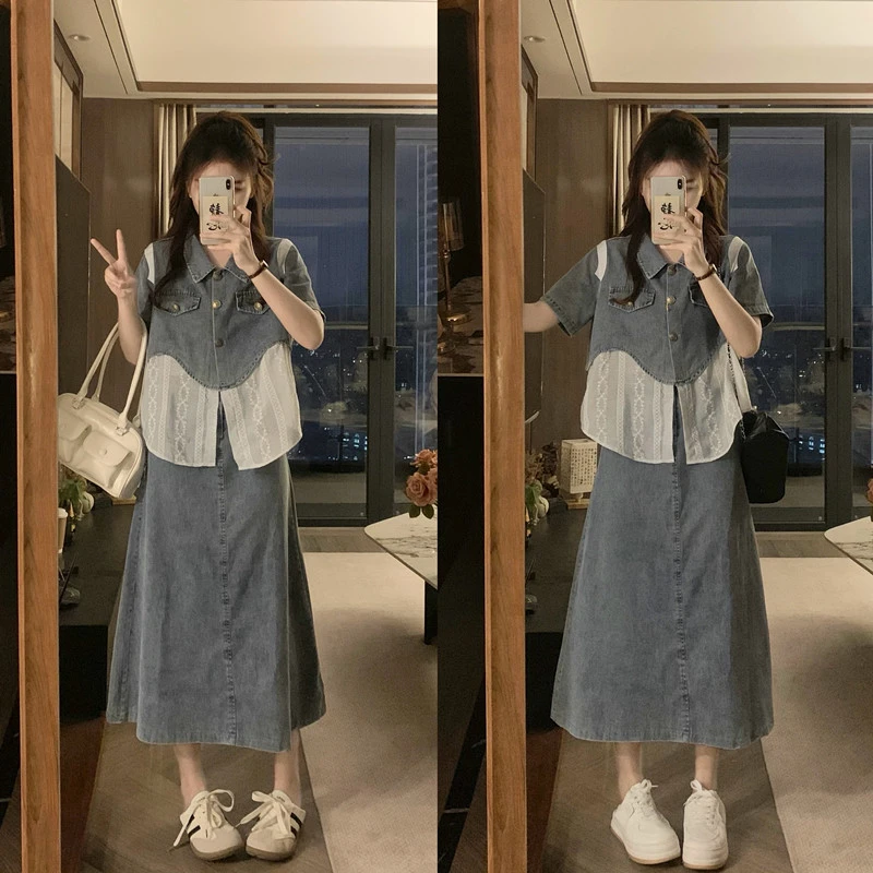 【小曹大码】浅蓝色假两件薄牛仔衬衫+半身裙两件套-DJ9911