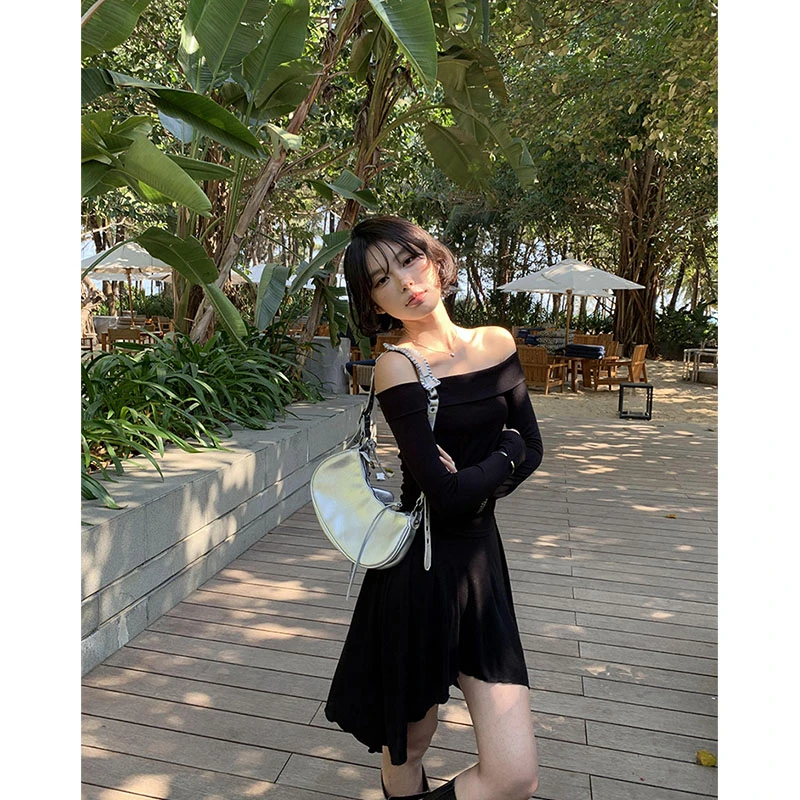 简约时尚小个子修身百搭一字肩连衣裙女显瘦收腰不规则休闲短裙