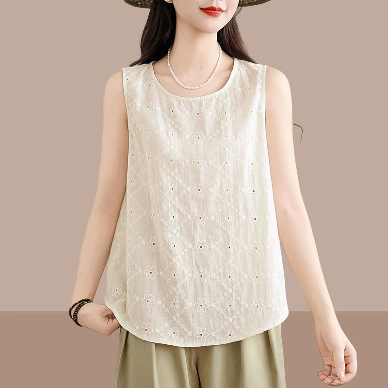 2025夏季时尚新款简约百搭刺绣舒适简约小背心绣花小衫无袖上衣女