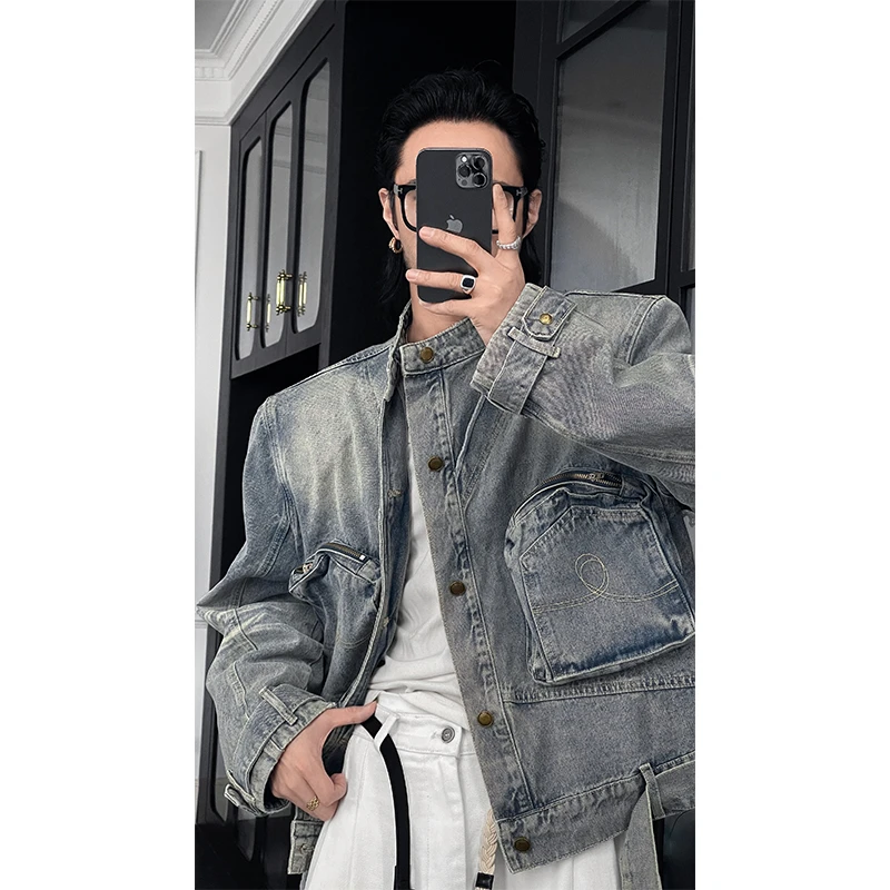 龙叨叨春季新款潮流复古设计感大口袋百搭立领牛仔夹克外套