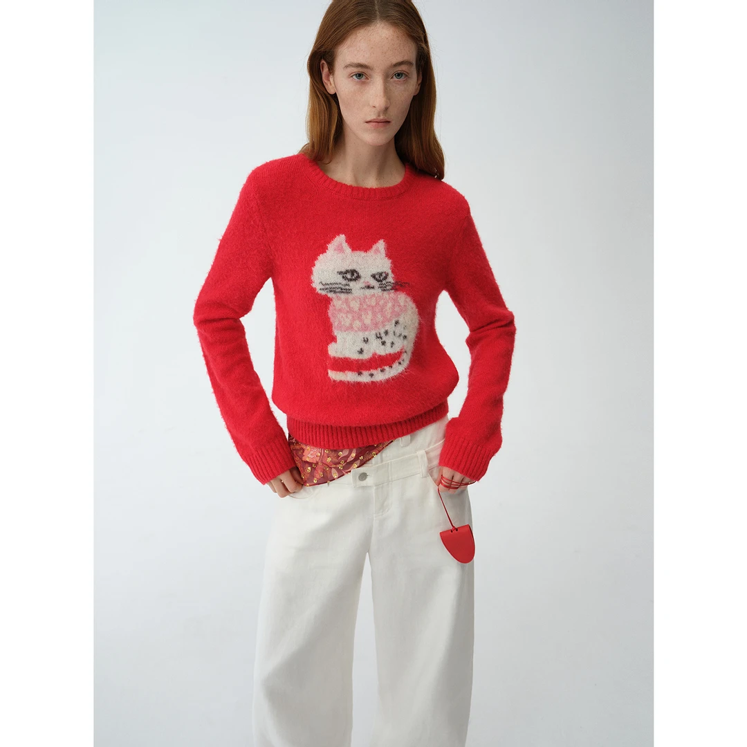 付智恩 精灵猫 马海毛混纺动物提花毛针织衫女