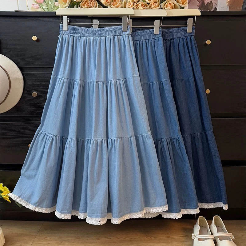 温柔风蕾丝花边拼接牛仔半身裙女夏季2025高腰A字褶皱宽松蛋糕裙