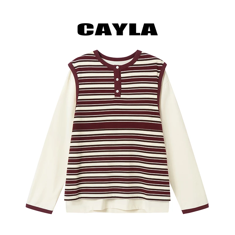 【茉舍】cayla 早秋撞色条纹拼接假两件长袖T恤CY2025AW040-799