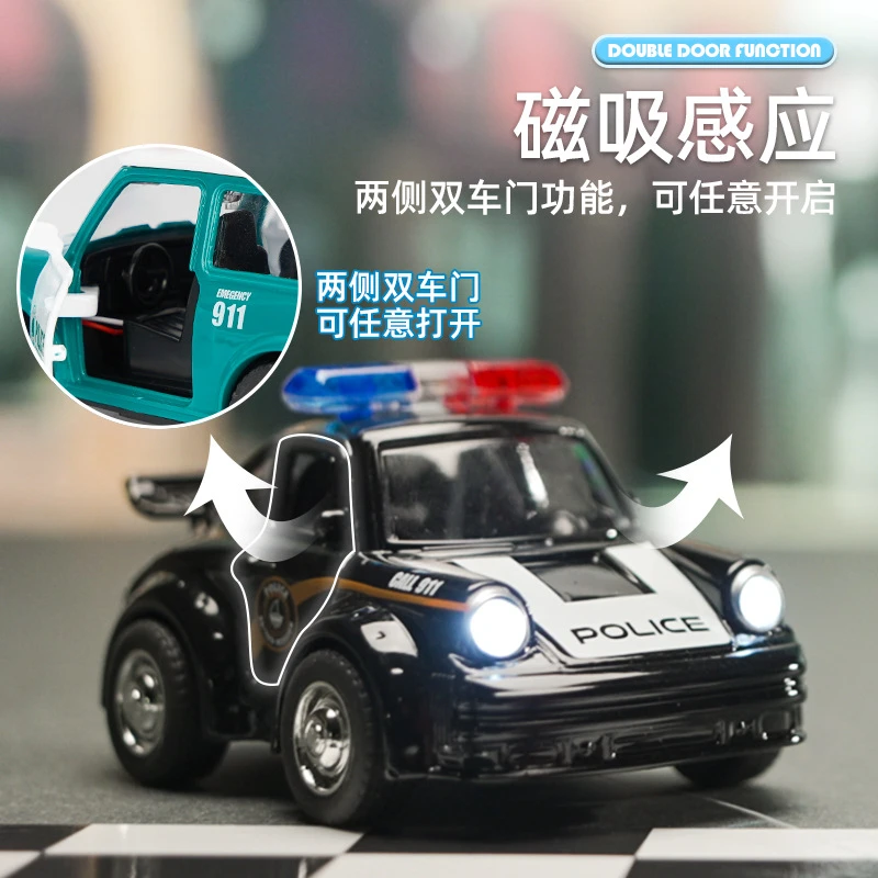 卡通Q版合金回力警车系列2开门老爷车带灯光音乐汽车模型抖音