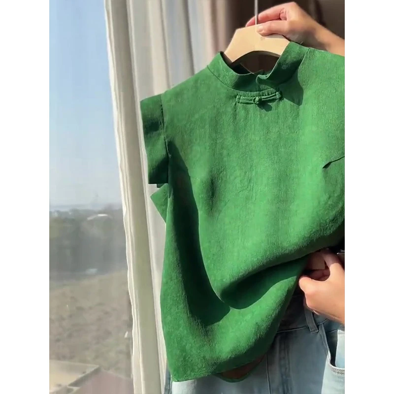 新中式气质2025小众复古高级绿色显白温柔旗袍领短款修身无袖衬衫