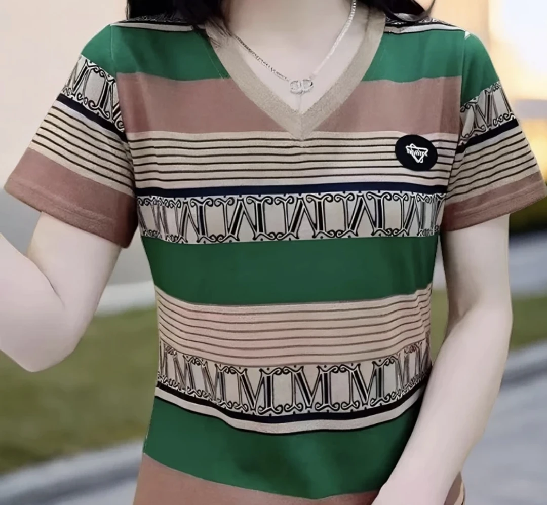 【新款】夏季宽松遮肉短袖V领上衣中老年妈妈装简约洋气显瘦