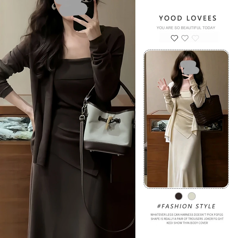 2025春秋新款女法式气质修身长袖开衫吊带背心高腰显瘦半身裙套装