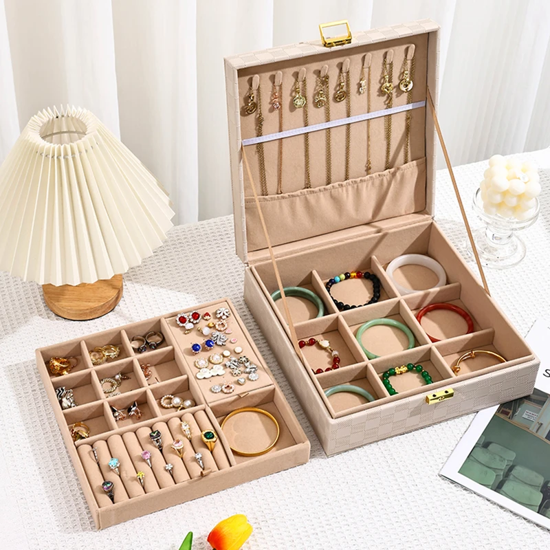 侣薇 首饰盒/箱 轻奢首饰收纳盒棋盘格纹首饰盒皮革首饰盒收纳盒