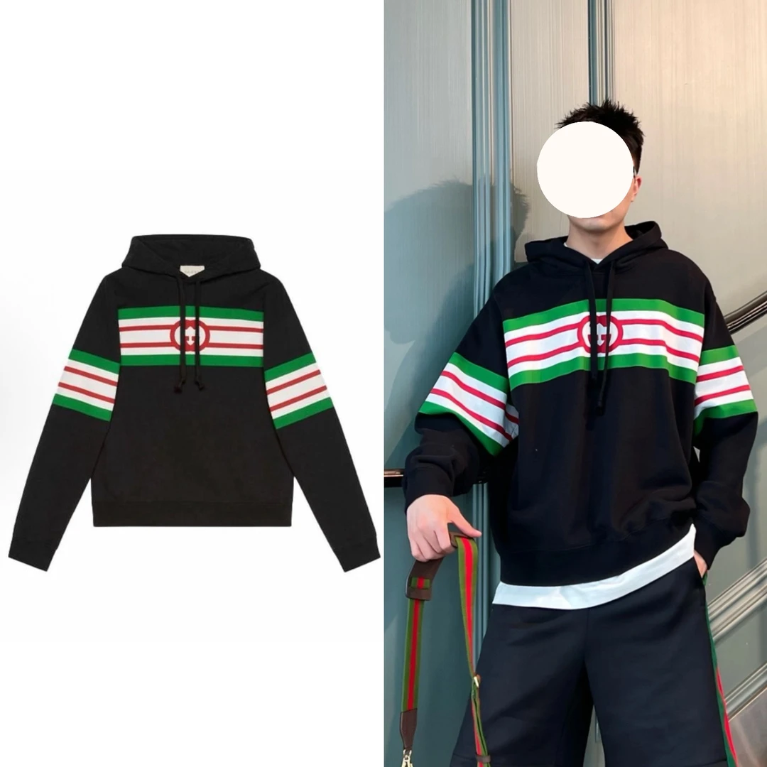 全新未使用 GUCCI/古驰 红绿双环印花黑色男女同款连帽卫衣帽衫