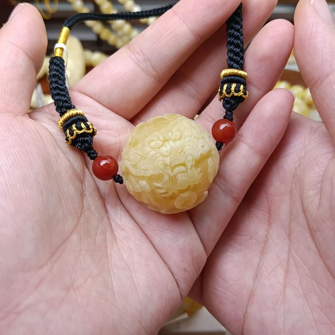 未镶嵌蜜蜡裸石31圆珠雕刻龙珠大师工王海笑