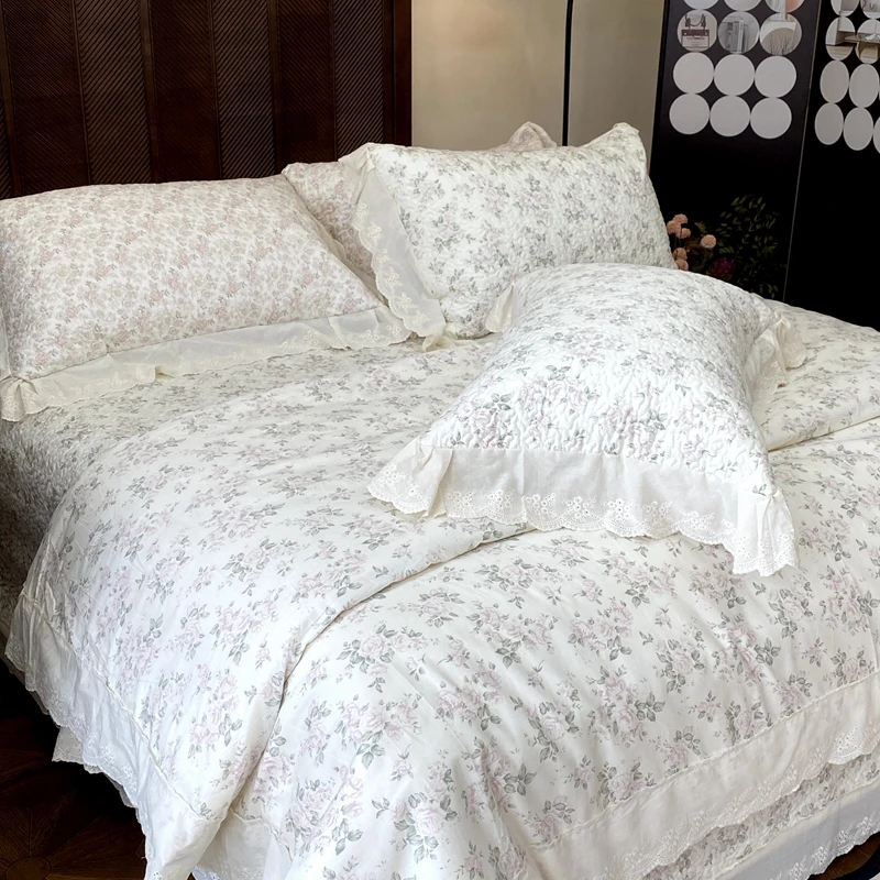 精梳全棉小碎花纯棉法式花边夹棉绗缝床盖被套三件套四件套单被套