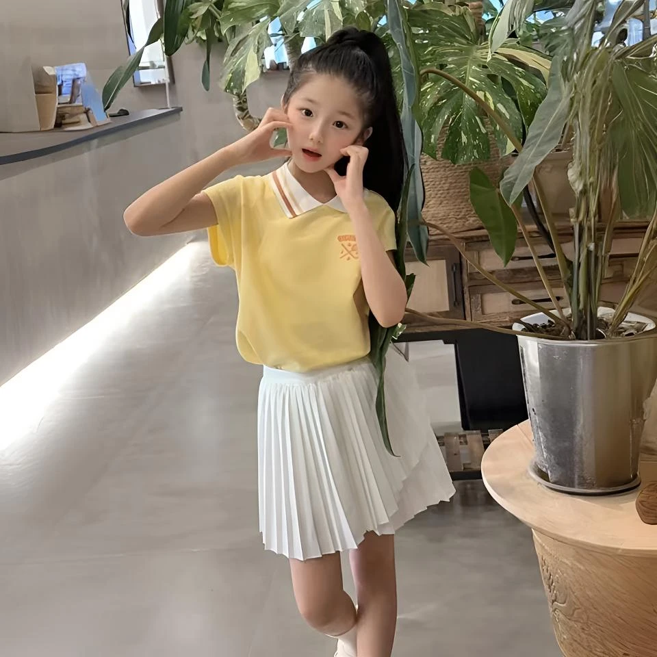 2025女童运动POLO衫夏新款儿童翻领纯色简约短袖T恤上衣百褶裙裤