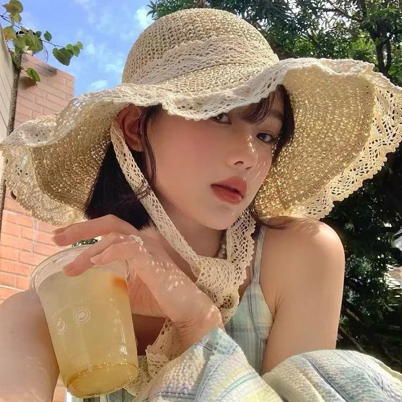 蕾丝草编大檐防晒帽户外旅游防时尚百搭氛围感花边蕾丝草编女帽子