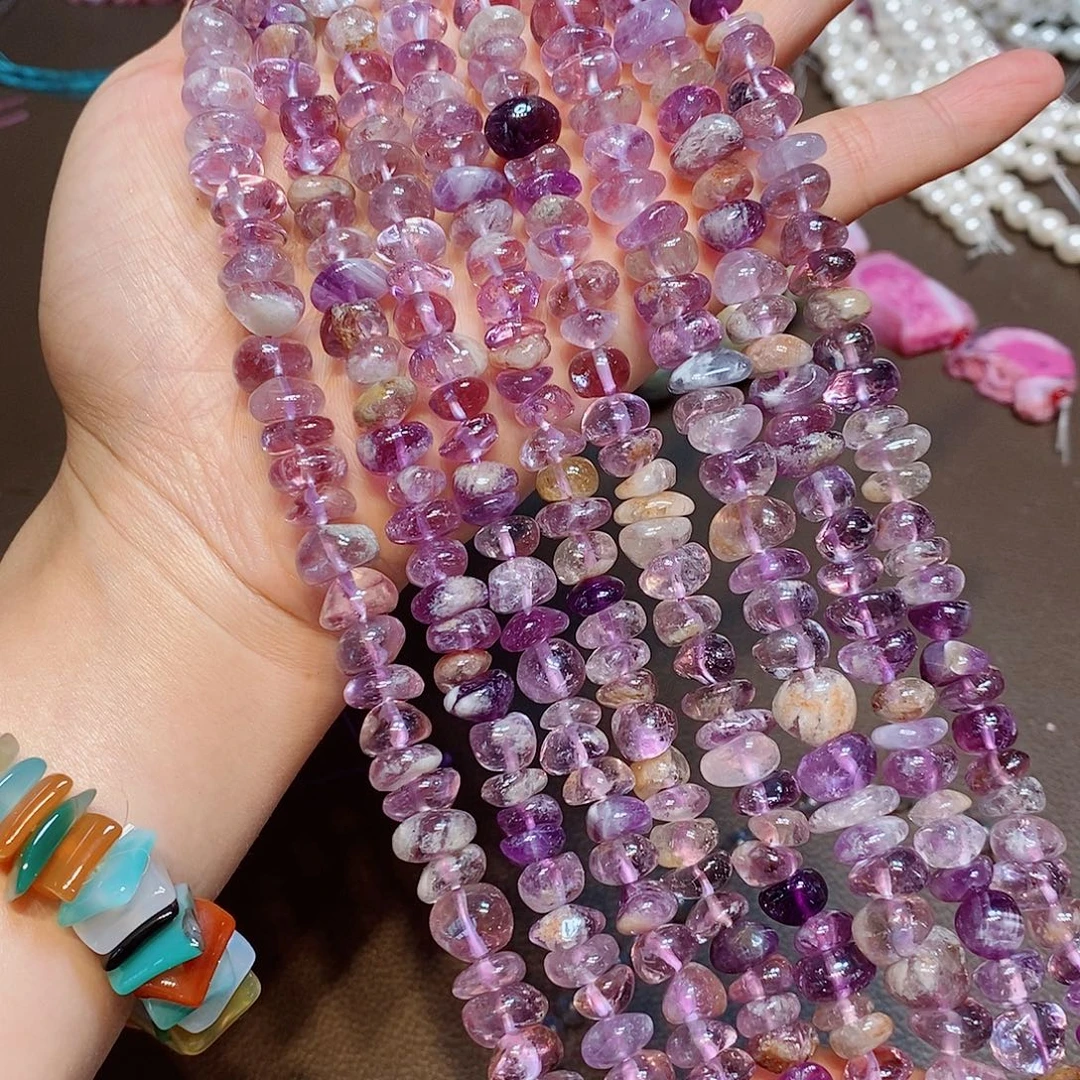 玛瑙/玉髓散珠天然紫幽灵水晶中孔一条