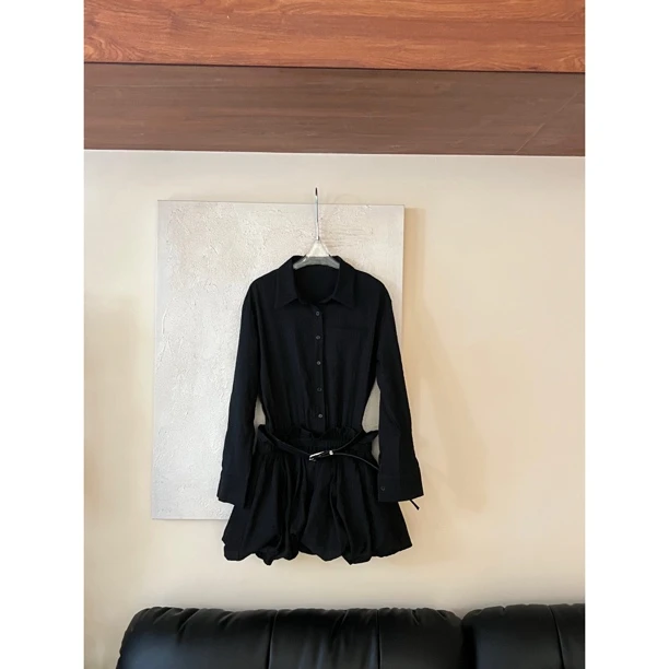 【纯纯欲动】25667 春季法式风翻领排扣收腰显瘦衬衫连衣裙【配腰带】