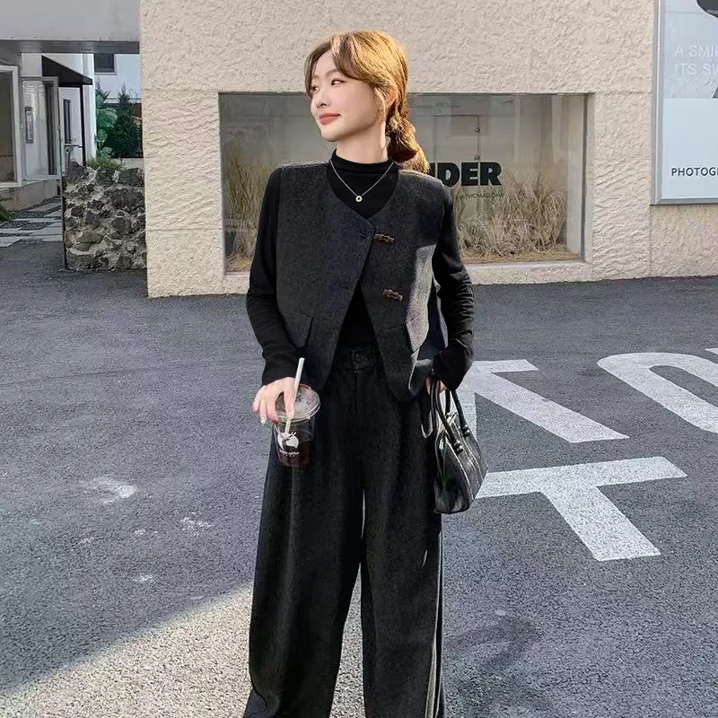 【小个子定制】小个子秋冬气质套装毛呢马甲+裤子+加绒打底衫#1266