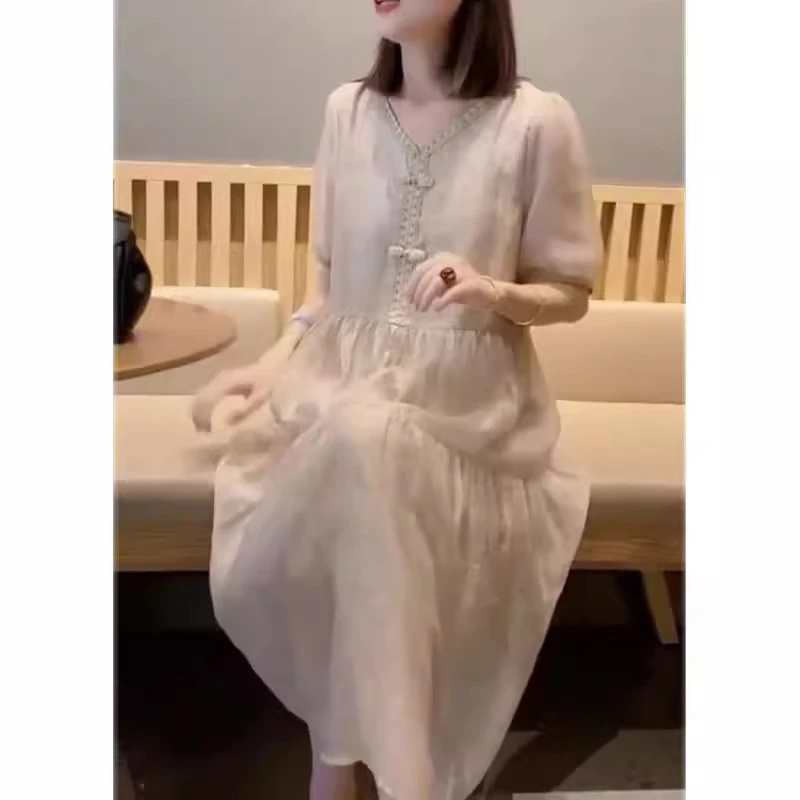 大爱美依缘2025夏季新款时尚V领中长款连衣裙洋气显瘦女裙