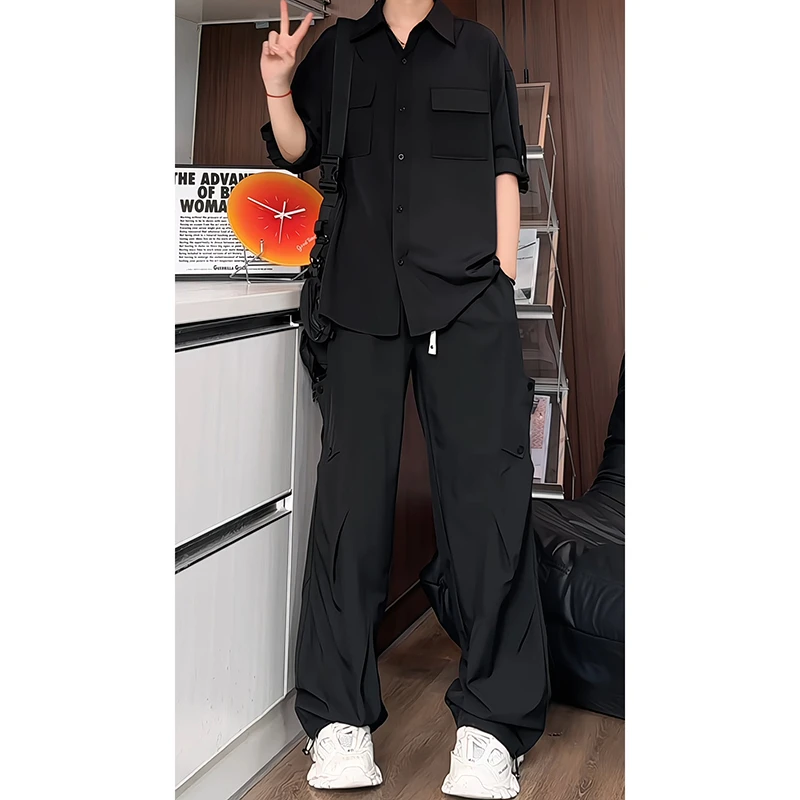 男装套装高级感冰丝工装衬衫休闲裤两件套慵懒风一整套穿搭裤子潮