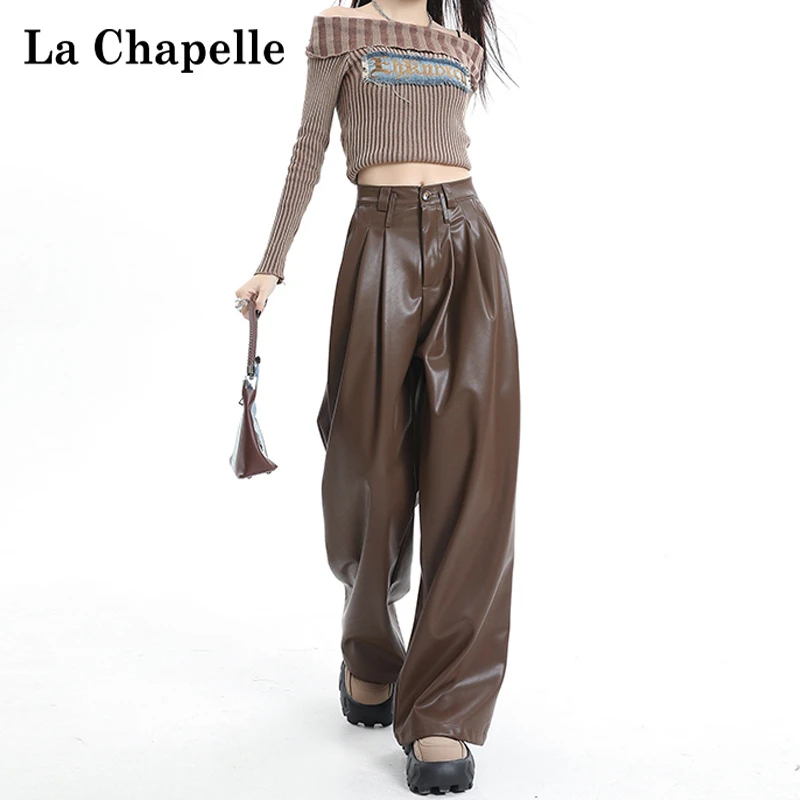 拉夏贝尔复古棕色皮裤女款2025爆款洋气秋冬保暖显瘦宽松阔腿裤子
