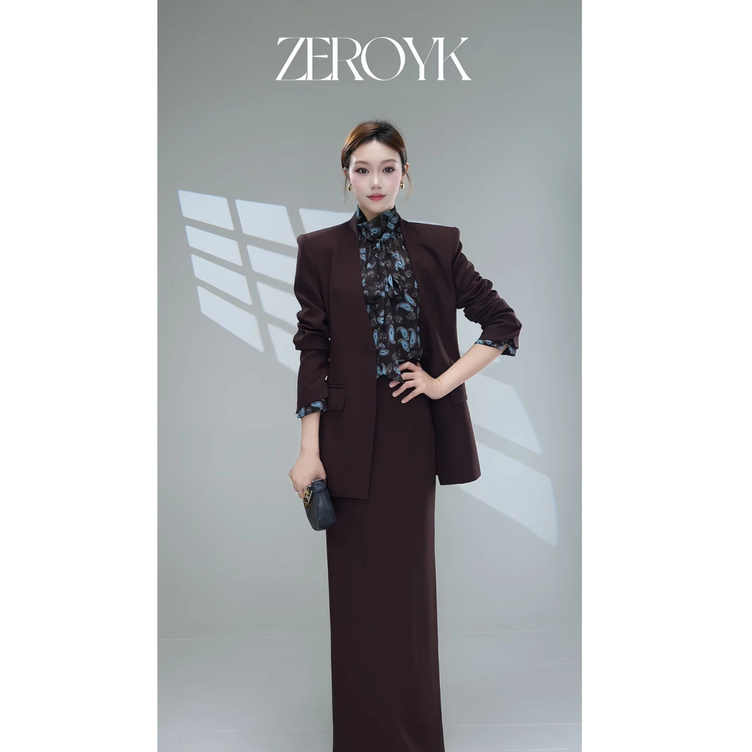 ZEROYK翎蔻 深圳南油长袖秋款西装直筒裤套装裙子衬衫三件套