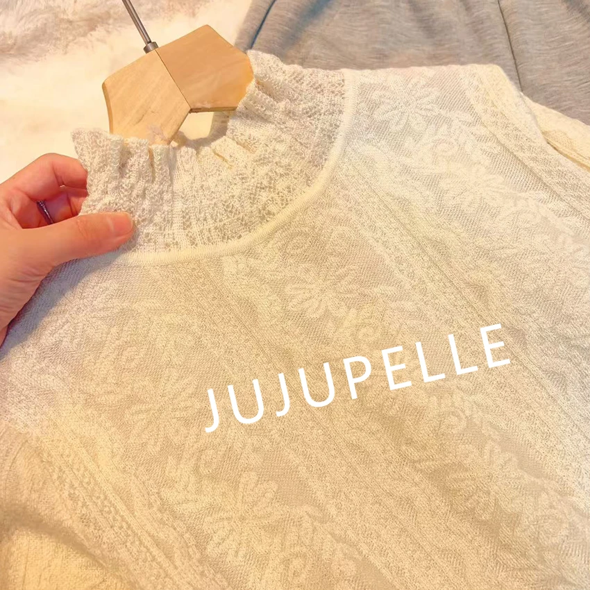 蕾丝半高领纯色花边2025秋冬宽松毛衣长袖针织打底衫内搭上衣女款