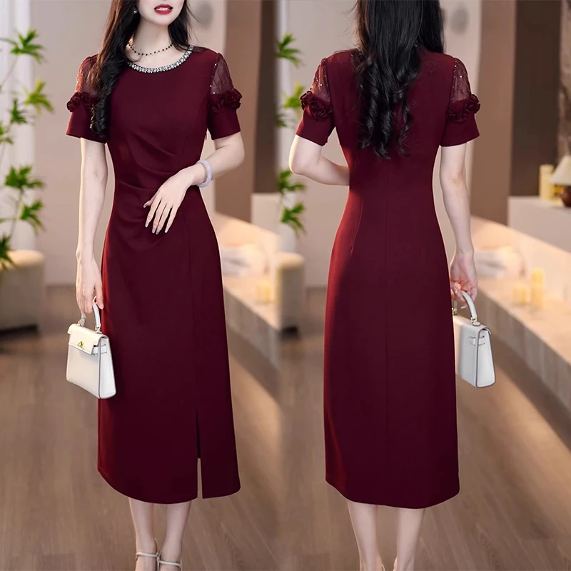 时尚法式短袖连衣裙女2025夏季新款气质显瘦设计感中长款开衩裙子