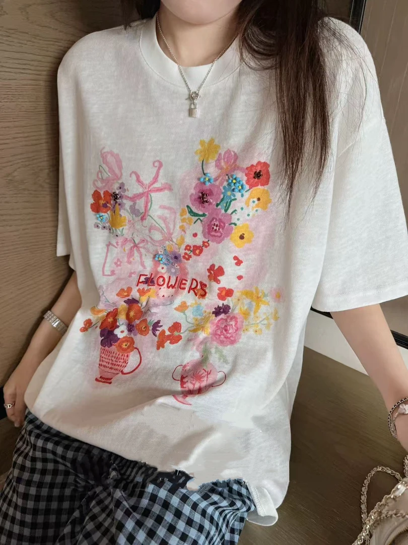 【BAI】夏新款气质百搭印花短袖T恤020032