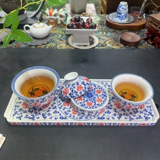 景德镇高温青花釉里红缠枝莲茶盘干泡盘家用高端中式茶具