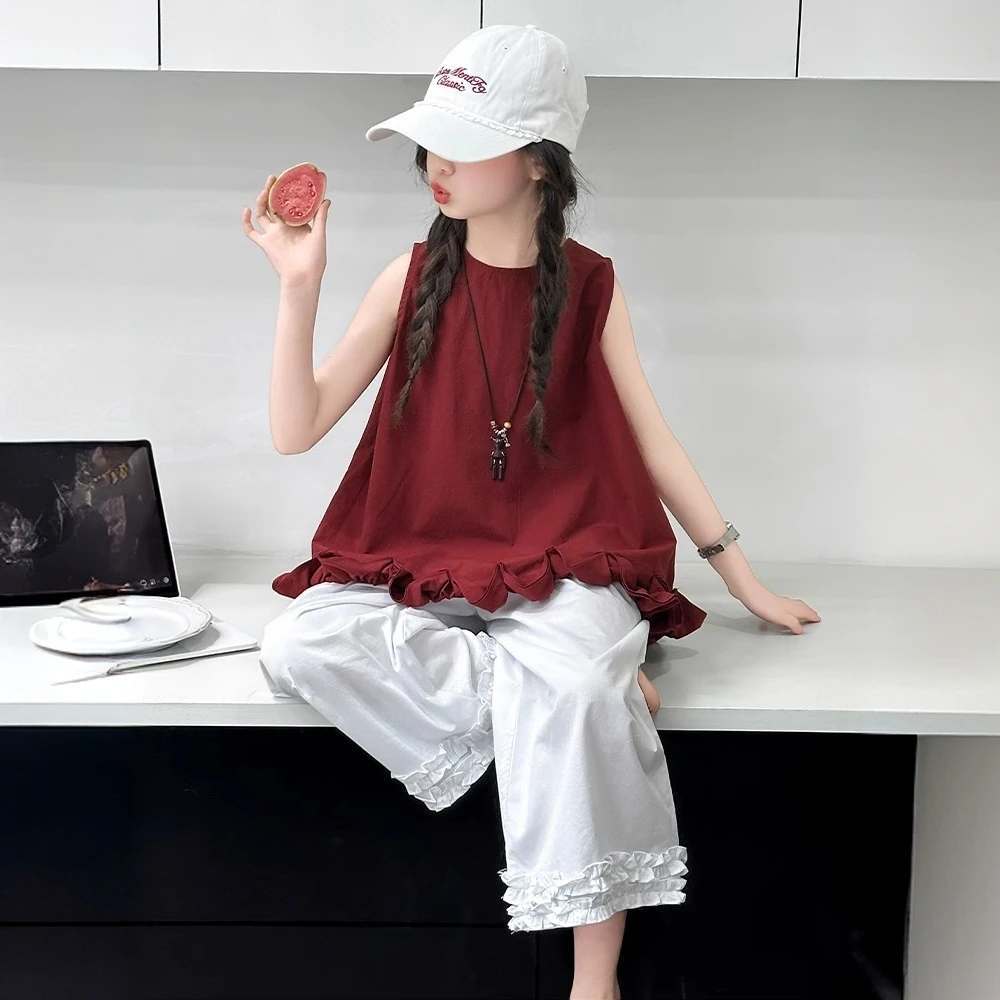 女童夏装套装2025新款中大儿童夏季洋气棉布无袖背心阔腿裤两件套