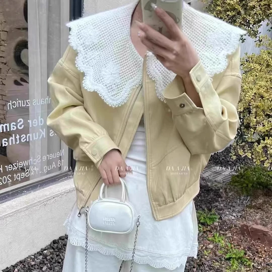 欧货拼接蕾丝娃娃领皮衣女欧洲站2025春季新款显瘦减龄皮夹克上衣