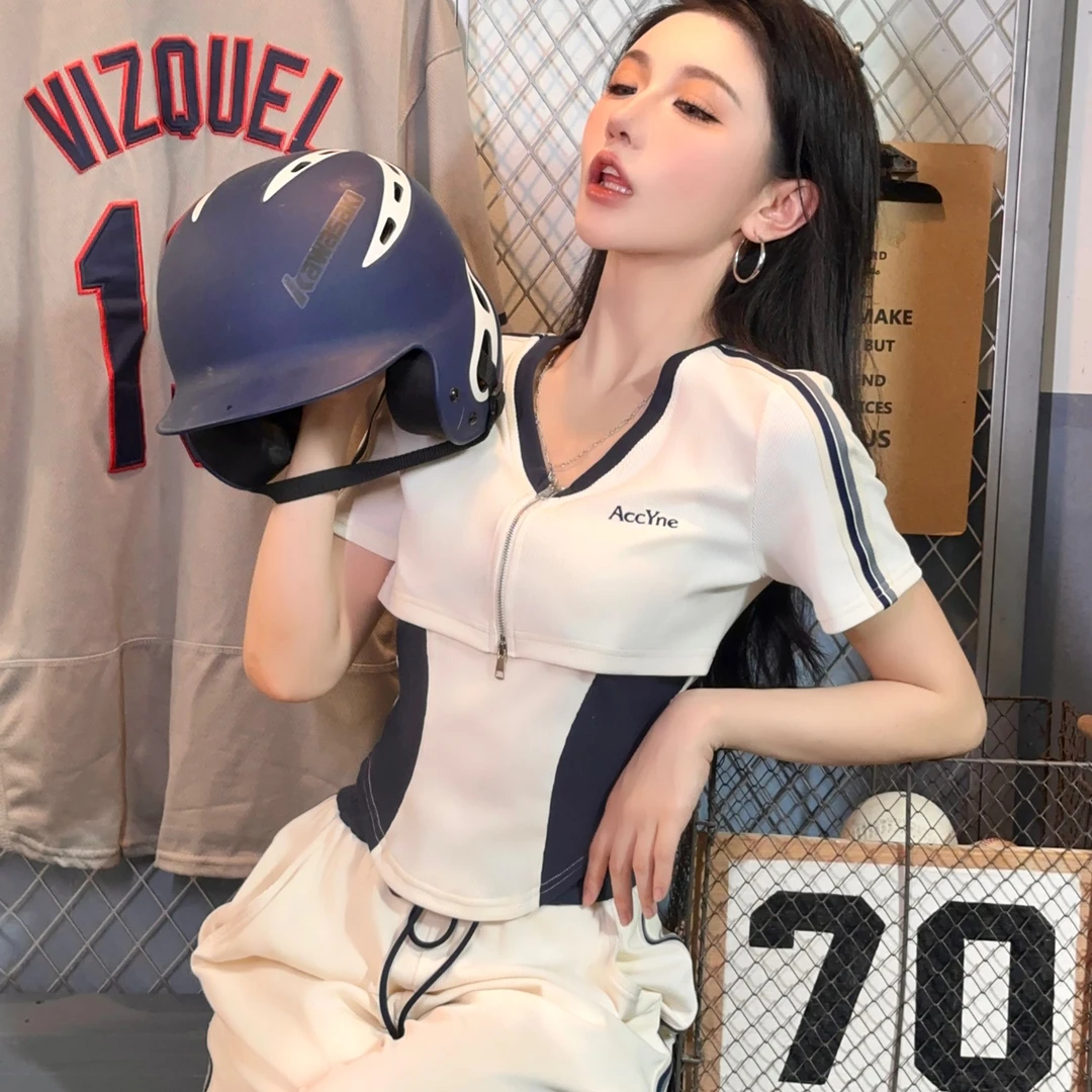 AccYne拼色设计感小众T恤女一衣两穿修身短袖套装W684+W707