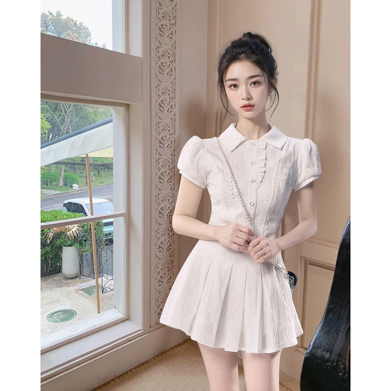法式复古高级感连衣裙女2025新款收腰甜辣学院风polo领短袖衬衫裙